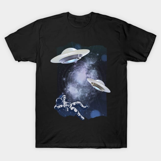 Ufo alien funny cute flying spaceship astronaut moon mars cosmic forest T-Shirt by BoogieCreates